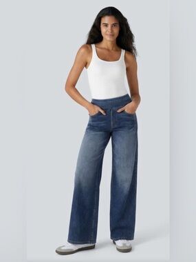 Halara Flex™ High Waisted Pockets Baggy Wide Leg Washed Casual Jeans Frost Blue